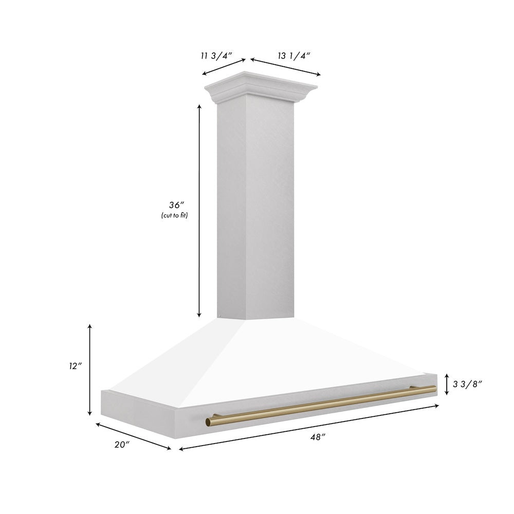 ZLINE 48 in. Autograph Edition Convertible Fingerprint Resistant Satin Stainless Steel Range Hood with White Matte Shell and Champagne Bronze Handle (KB4SNZ-WM48-CB)