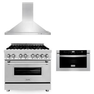 ZLINE 36" &amp; 48" Kitchen Packages with Stainless Steel Dual Fuel Range, Convertible Vent Range Hood, and Microwave Drawer