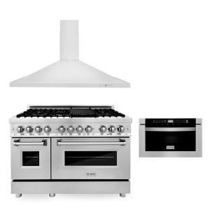 ZLINE 36" &amp; 48" Kitchen Packages with Stainless Steel Dual Fuel Range, Convertible Vent Range Hood, and Microwave Drawer