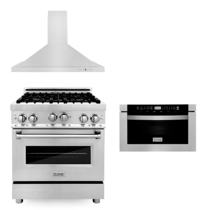 ZLINE 30" &amp; 36" Kitchen Packages with Stainless Steel Gas Range, Convertible Vent Range Hood, and Microwave Drawer