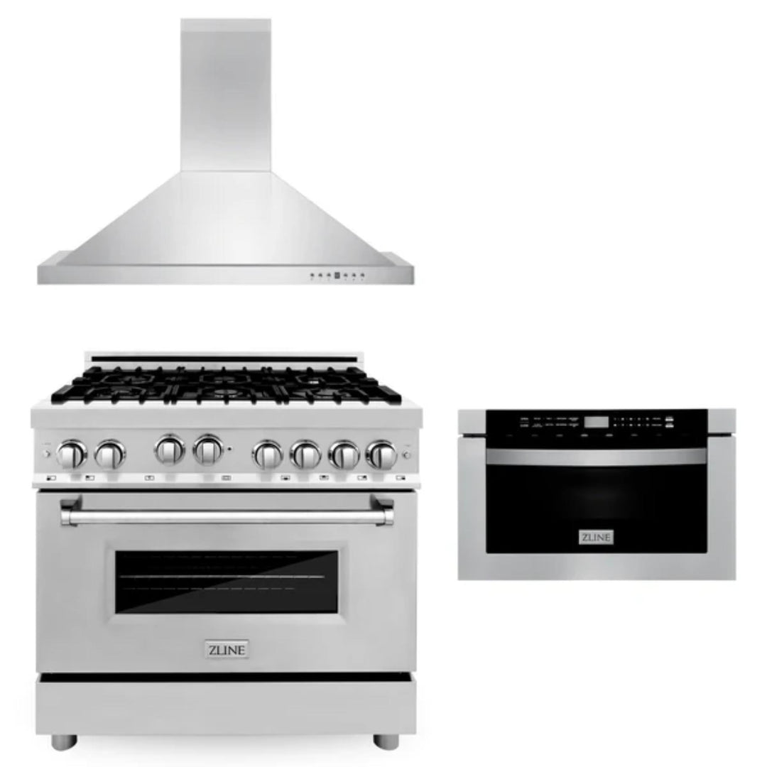 ZLINE 30" &amp; 36" Kitchen Packages with Stainless Steel Gas Range, Convertible Vent Range Hood, and Microwave Drawer