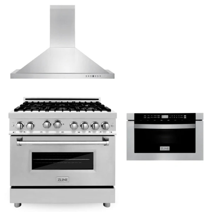 ZLINE 30" &amp; 36" Kitchen Packages with Stainless Steel Gas Range, Convertible Vent Range Hood, and Microwave Drawer
