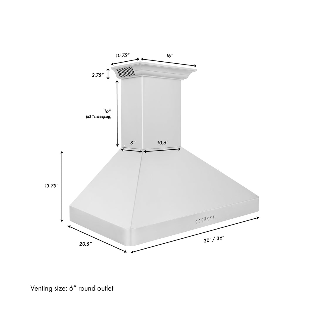36" ZLINE CrownSound™Ducted Vent Wall Mount Range Hood in Stainless Steel with Built-in Bluetooth Speakers (KF2CRN-BT-36)