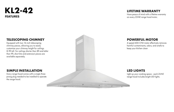 ZLINE 42 in. Convertible Vent Wall Mount Range Hood in Stainless Steel, KL2-42