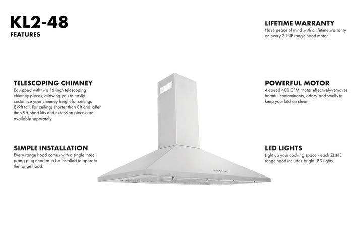 ZLINE 48 in. Convertible Vent Wall Mount Range Hood in Stainless Steel, KL2-48