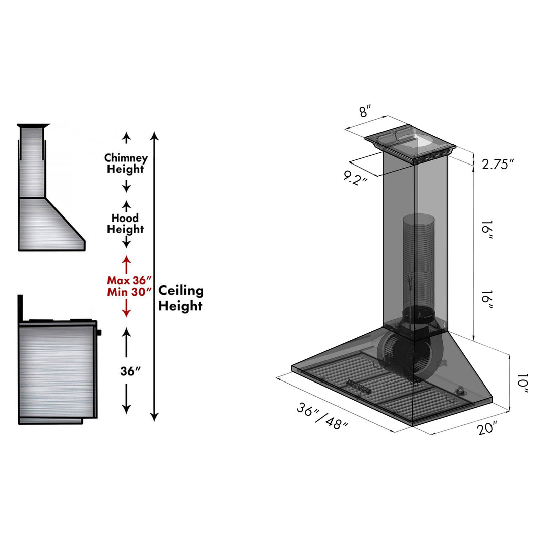 48" ZLINE CrownSound™Ducted Vent Wall Mount Range Hood in Stainless Steel with Built-in Bluetooth Speakers (KL2CRN-BT-48)