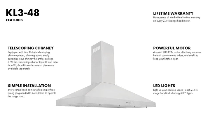 ZLINE 48 in. Convertible Vent Wall Mount Range Hood in Stainless Steel, KL3-48