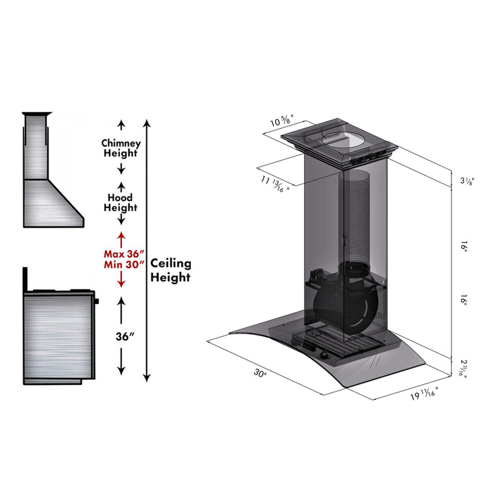 ZLINE 30" Convertible Vent Wall Mount Range Hood in Stainless Steel &amp; Glass with Crown Molding (KZCRN-30)