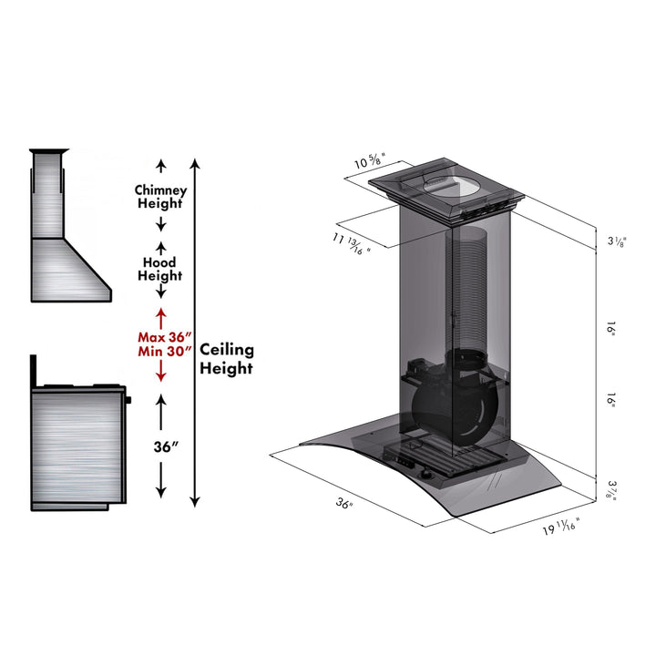 ZLINE 36" Convertible Vent Wall Mount Range Hood in Stainless Steel &amp; Glass with Crown Molding (KZCRN-36)