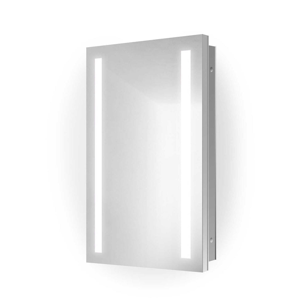 Krugg Kinetic 15 x 30 LED Medicine Cabinet with Dimmer and Defogger mounted above a bathroom sink.