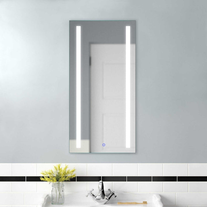 Krugg Kinetic 15 x 30 LED Medicine Cabinet with Dimmer and Defogger mounted above a bathroom sink.