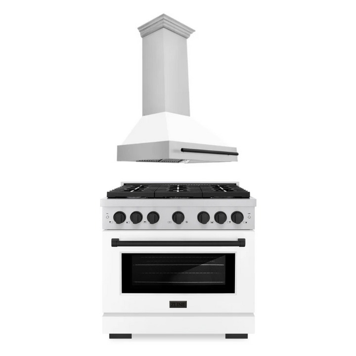 ZLINE Autograph Package - 36 In. Gas Range and Range Hood with White Matte Door and Matte Black Accents, 2AKP-RGWMRH36-MB