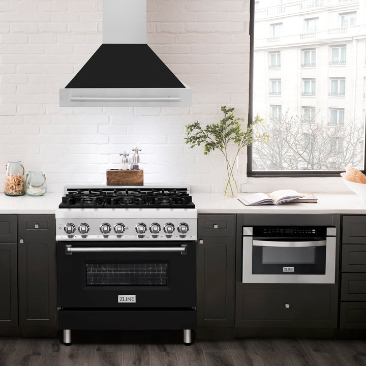 ZLINE 36" Stainless Steel Range Hood with Black Matte Shell and Stainless Steel Handle (8654STX-BLM-36)