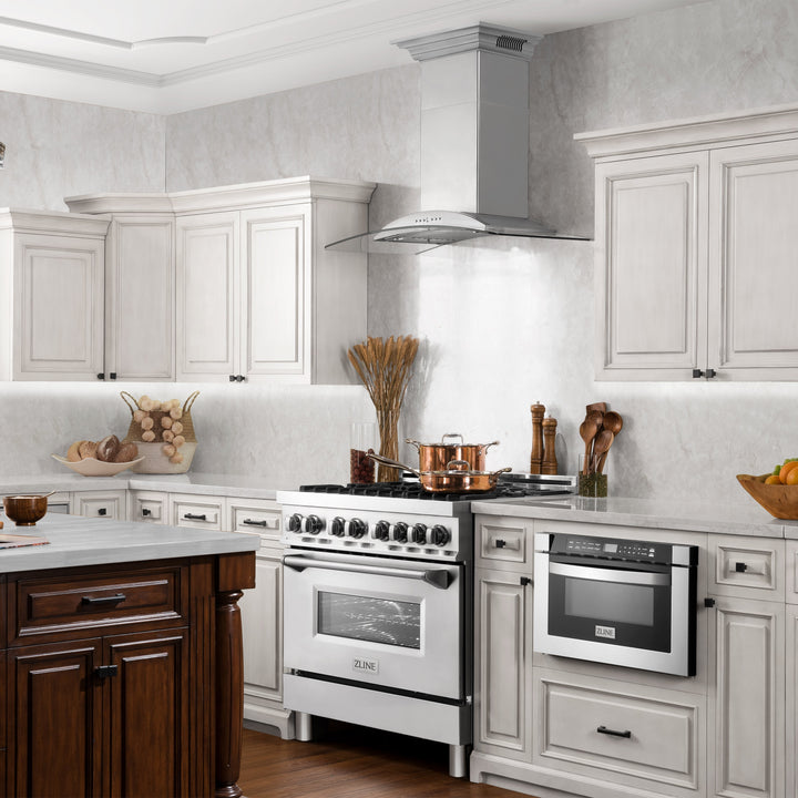 36" ZLINE CrownSound™Ducted Vent Wall Mount Range Hood in Stainless Steel with Built-in Bluetooth Speakers (KNCRN-BT-36)