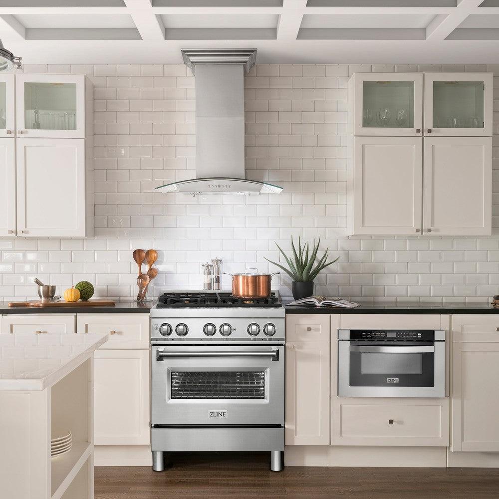 ZLINE 30 in. 4.0 cu. ft. Legacy Dual Fuel Range with Gas Cooktop and Electric Convection Oven in Stainless Steel with 4 Brass Burners (RA-BR-30)