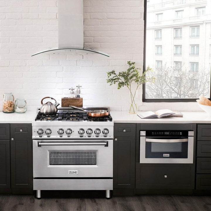 ZLINE 36 in. 4.6 cu. ft. Legacy Dual Fuel Range with Gas Cooktop and Electric Convection Oven in Stainless Steel with 6 Brass Burners (RA-BR-36)