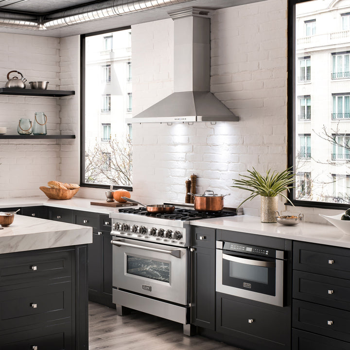 36" ZLINE CrownSound™Ducted Vent Wall Mount Range Hood in Stainless Steel with Built-in Bluetooth Speakers (KBCRN-BT-36)