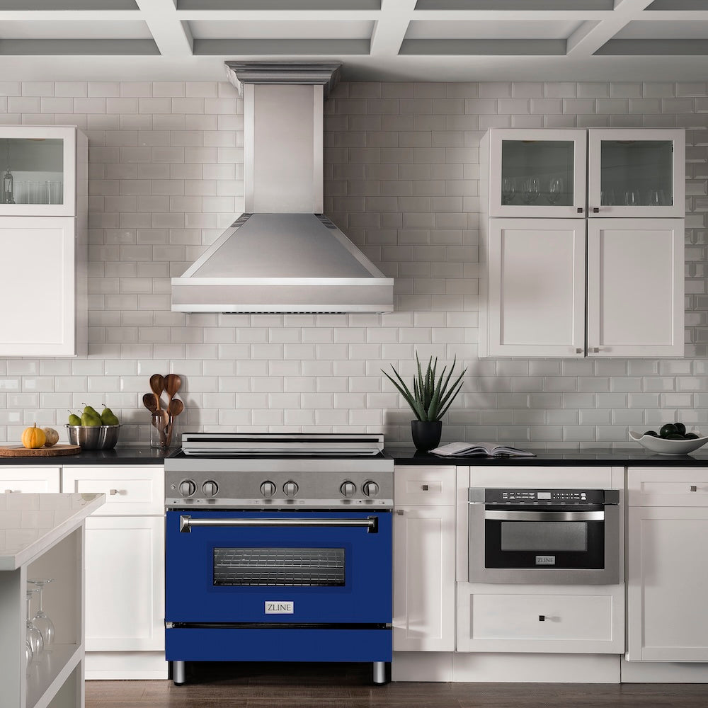 ZLINE 36 in. 4.6 cu. ft. Legacy Induction Range with 5 Element Cooktop and Electric Oven in Stainless Steel and Blue Gloss Door, Open Box-Excellent Condition