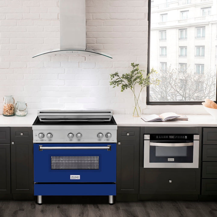 ZLINE 36 in. 4.6 cu. ft. Legacy Induction Range with 5 Element Cooktop and Electric Oven in Stainless Steel and Blue Gloss Door, Open Box-Excellent Condition