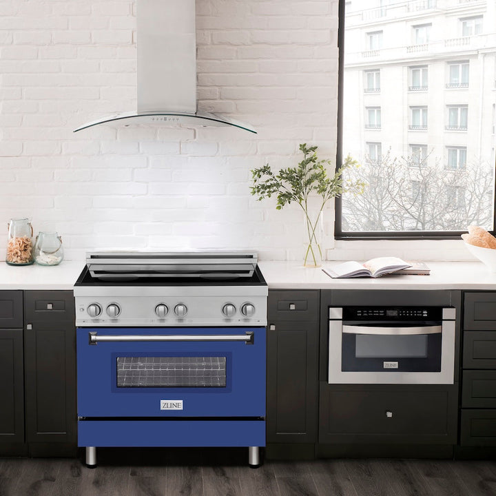ZLINE 36 in. 4.6 cu. ft. Legacy Induction Range with 5 Element Cooktop and Electric Oven in Stainless Steel and Blue Matte Door, Open Box-Excellent Condition