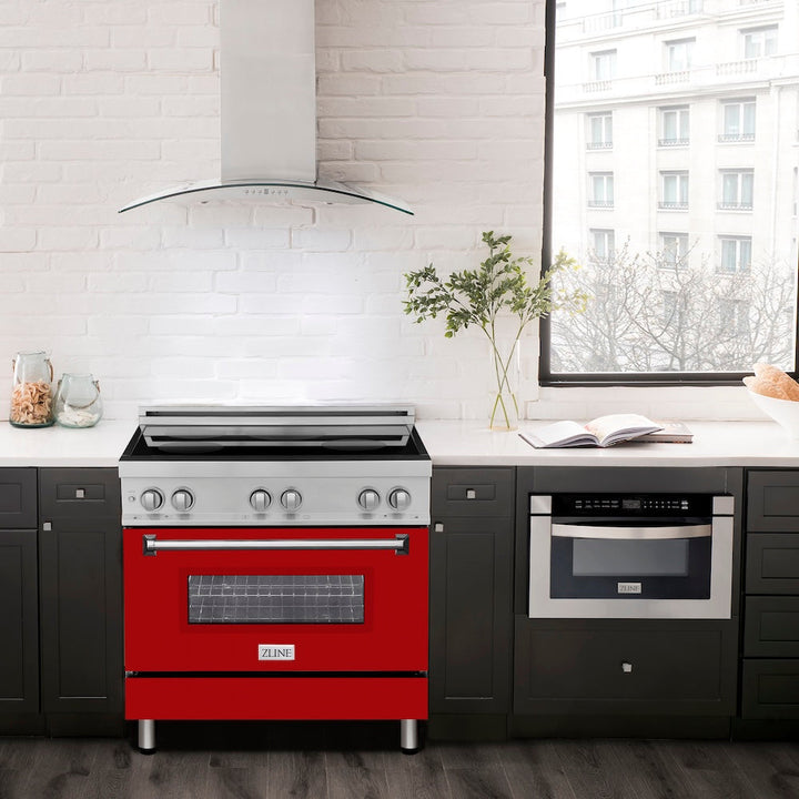 ZLINE 36 in. 4.6 cu. ft. Legacy Induction Range with 5 Element Cooktop and Electric Oven in Stainless Steel and Red Gloss Door, Open Box-Excellent Condition