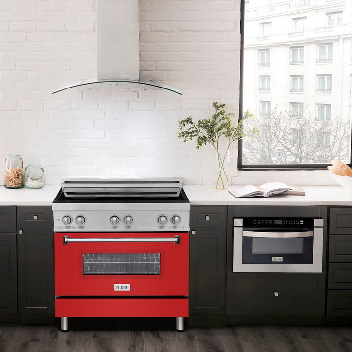 ZLINE 36 in. 4.6 cu. ft. Legacy Induction Range with 5 Element Cooktop and Electric Oven in Stainless Steel and Red Matte Door, Open Box-Excellent Condition