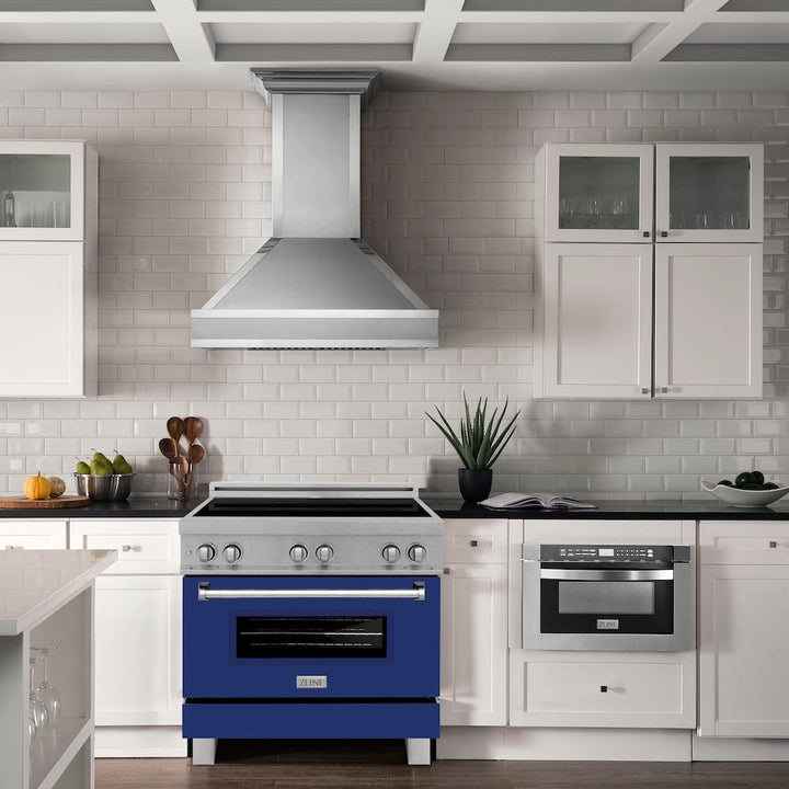 ZLINE 36 in. 4.6 cu. ft. Legacy Induction Range with 5 Element Cooktop and Electric Oven in Satin Stainless Steel and Blue Gloss Door, Open Box-Excellent Condition