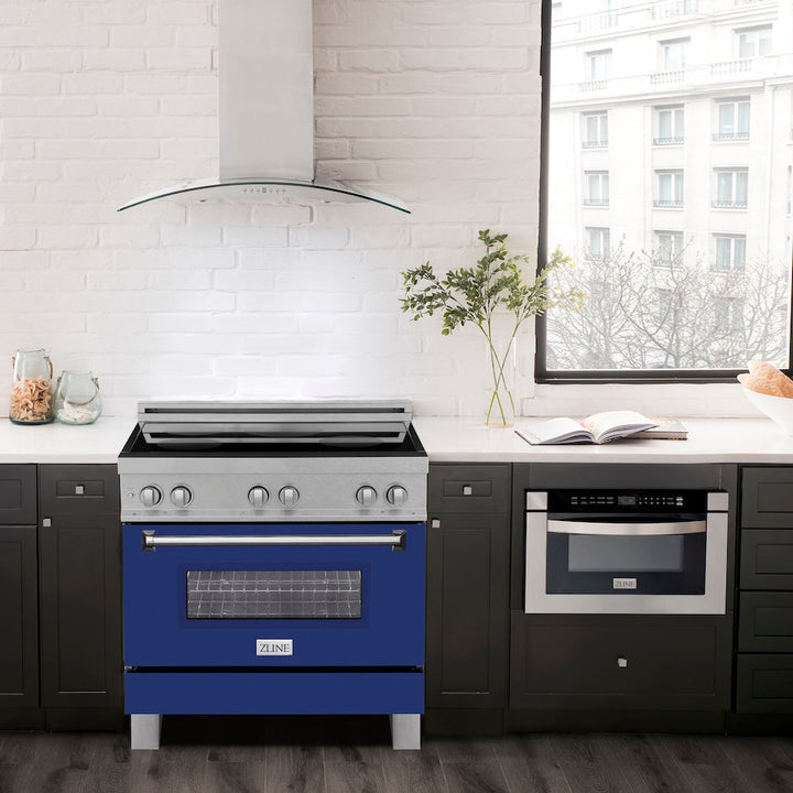 ZLINE 36 in. 4.6 cu. ft. Legacy Induction Range with 5 Element Cooktop and Electric Oven in Satin Stainless Steel and Blue Gloss Door, Open Box-Excellent Condition