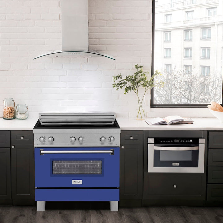 ZLINE 36 in. 4.6 cu. ft. Legacy Induction Range with 5 Element Cooktop and Electric Oven in Satin Stainless Steel and Blue Matte Door, Open Box-Excellent Condition