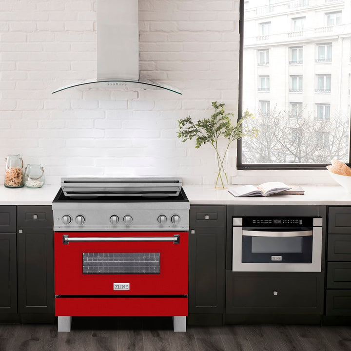 ZLINE 36 in. 4.6 cu. ft. Legacy Induction Range with 5 Element Cooktop and Electric Oven in Satin Stainless Steel and Red Gloss Door, Open Box-Excellent Condition
