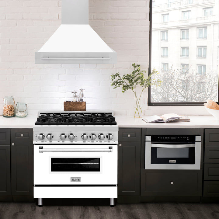 ZLINE 36" Stainless Steel Range Hood with White Matte Shell and Stainless Steel Handle (8654STX-WM-36)
