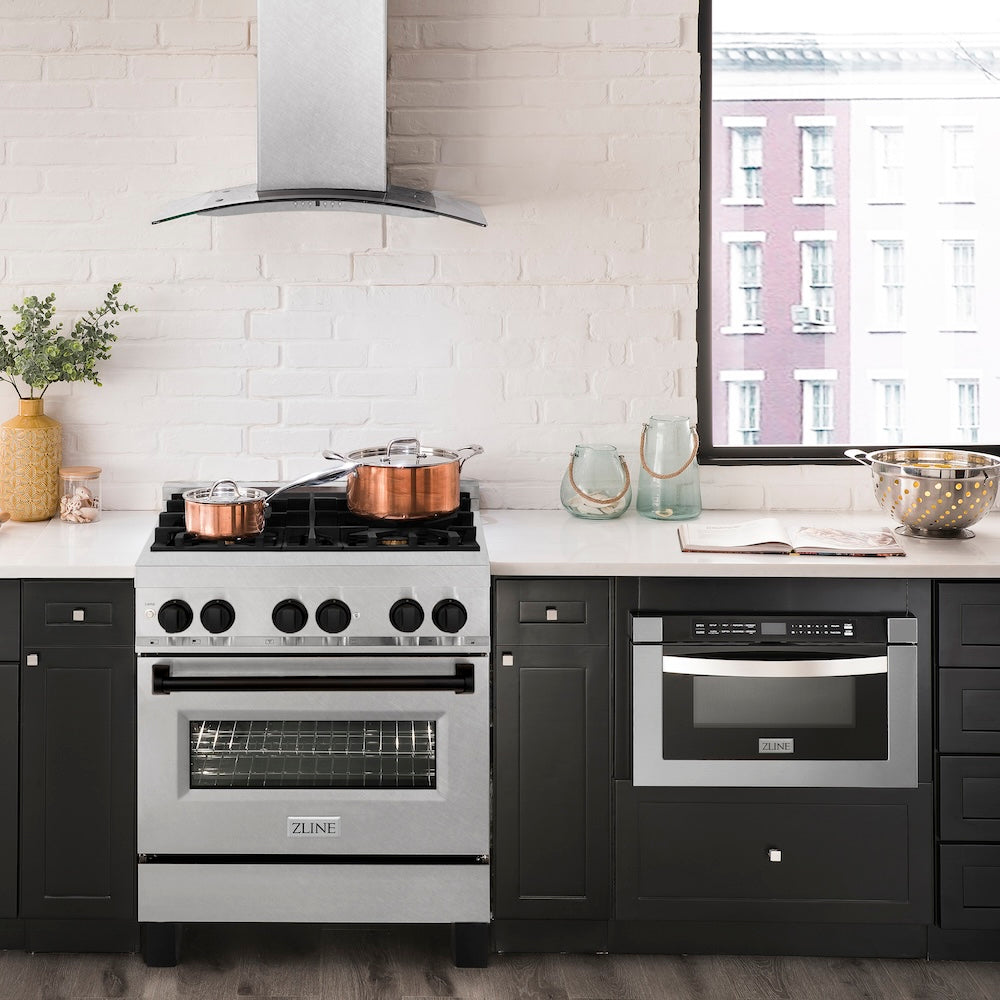 ZLINE Autograph Edition 30 in. 4.0 cu. ft. Legacy Dual Fuel Range with 4 Burner Gas Cooktop and Electric Convection Oven in Satin Stainless Steel and Matte Black Accents (RASZ-SN-30-MB)