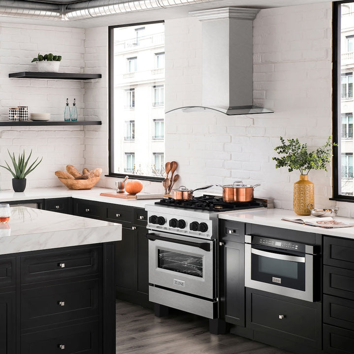 ZLINE Autograph Edition 30 in. 4.0 cu. ft. Legacy Dual Fuel Range with 4 Burner Gas Cooktop and Electric Convection Oven in Satin Stainless Steel and Matte Black Accents (RASZ-SN-30-MB)