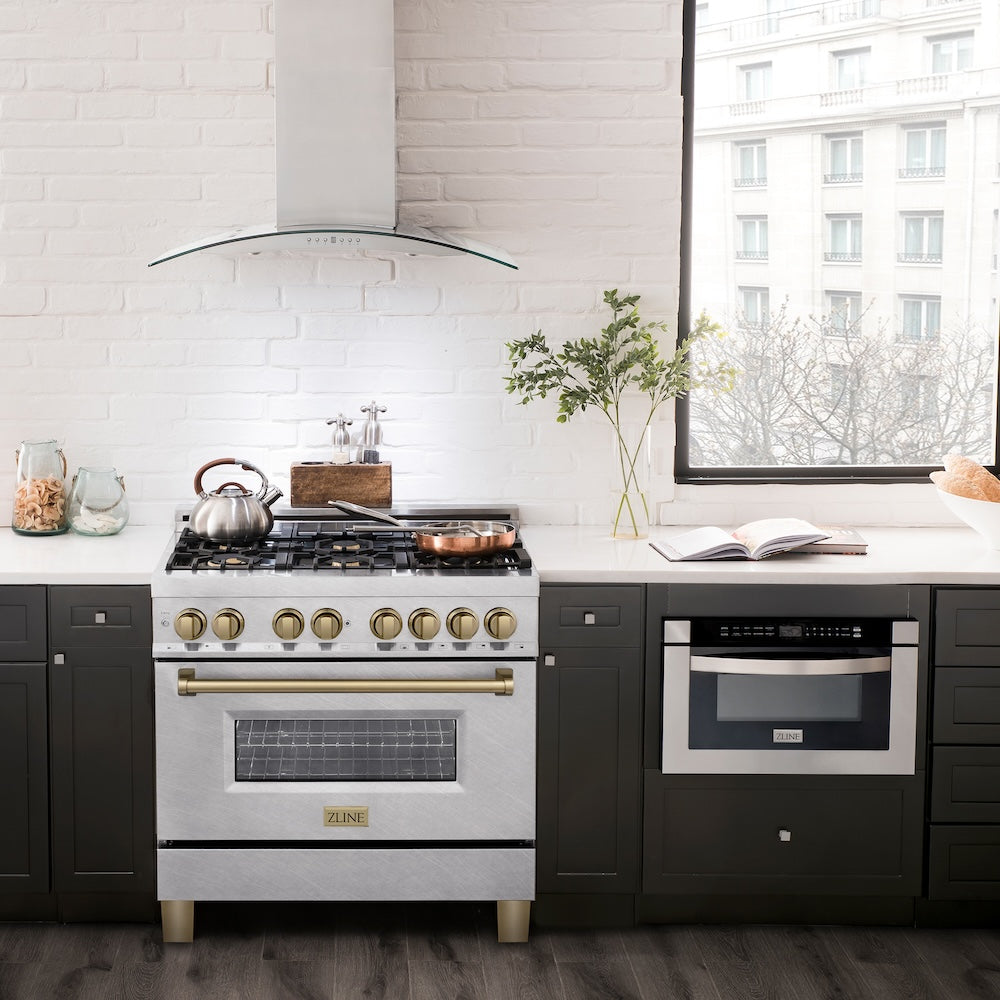 ZLINE Autograph Edition 36 in. 4.6 cu. ft. Legacy Dual Fuel Range with 6 Burner Gas Cooktop and Electric Convection Oven in Satin Stainless Steel and Champagne Bronze Accents (RASZ-SN-36-CB)