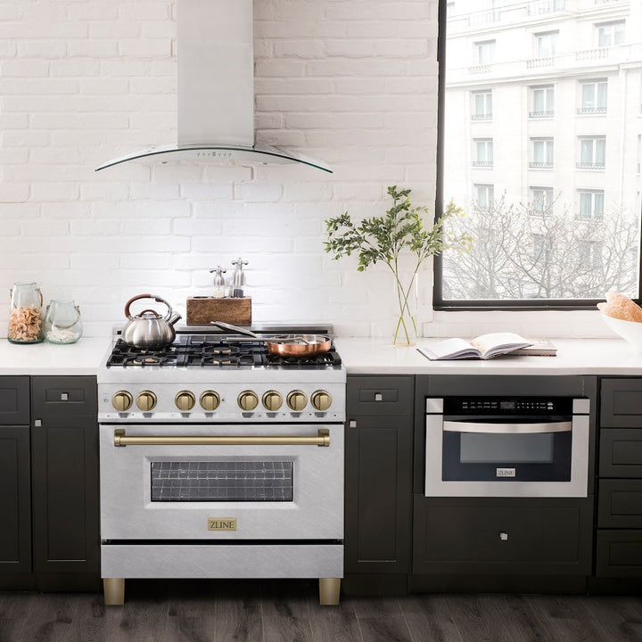 ZLINE Autograph Edition 36 in. 4.6 cu. ft. Legacy Dual Fuel Range with 6 Burner Gas Cooktop and Electric Convection Oven in Satin Stainless Steel and Champagne Bronze Accents (RASZ-SN-36-CB)