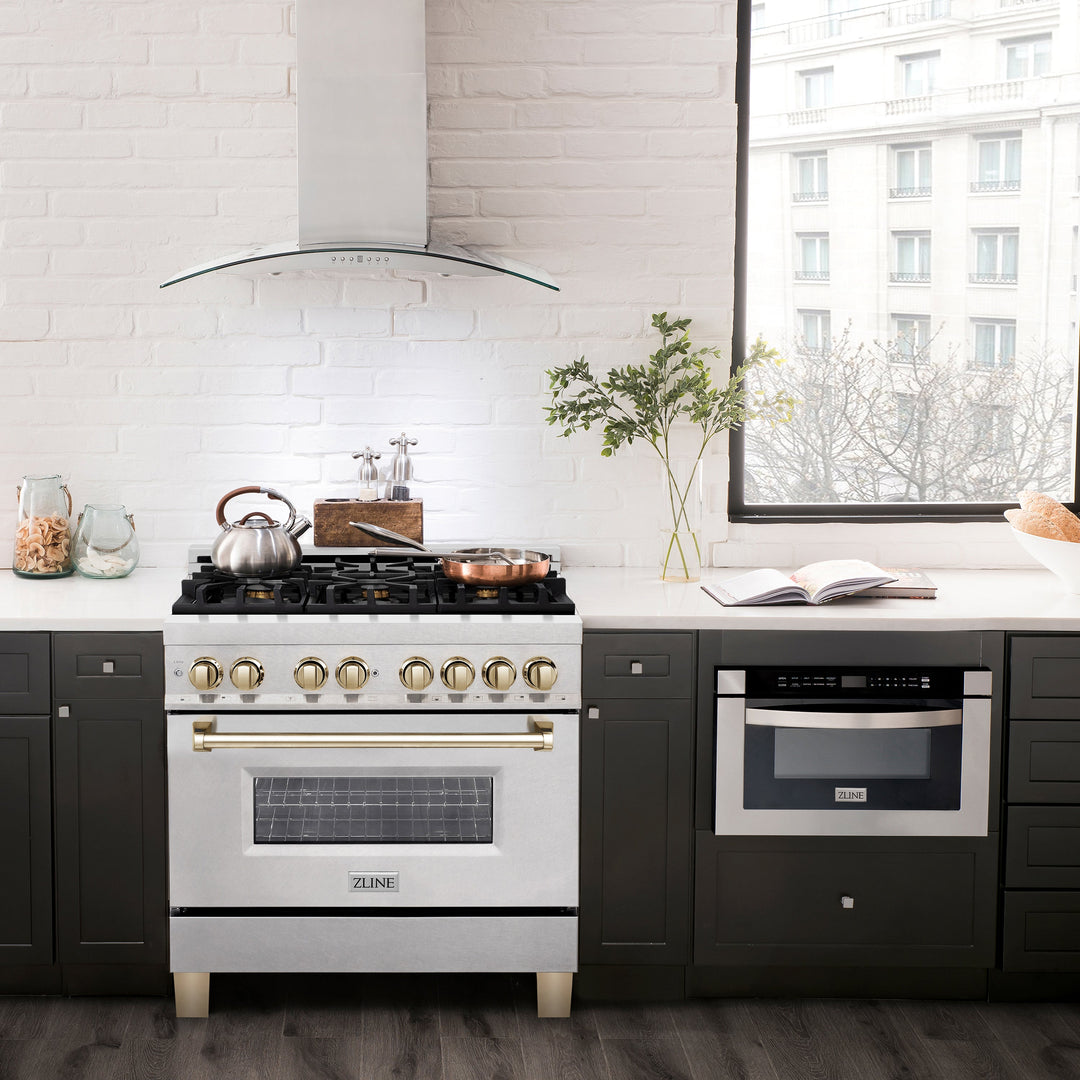 ZLINE Autograph Edition 36 In. Range, Gas Stove and Electric Oven in DuraSnow® Stainless Steel with Gold Accent, RASZ-SN-36-G