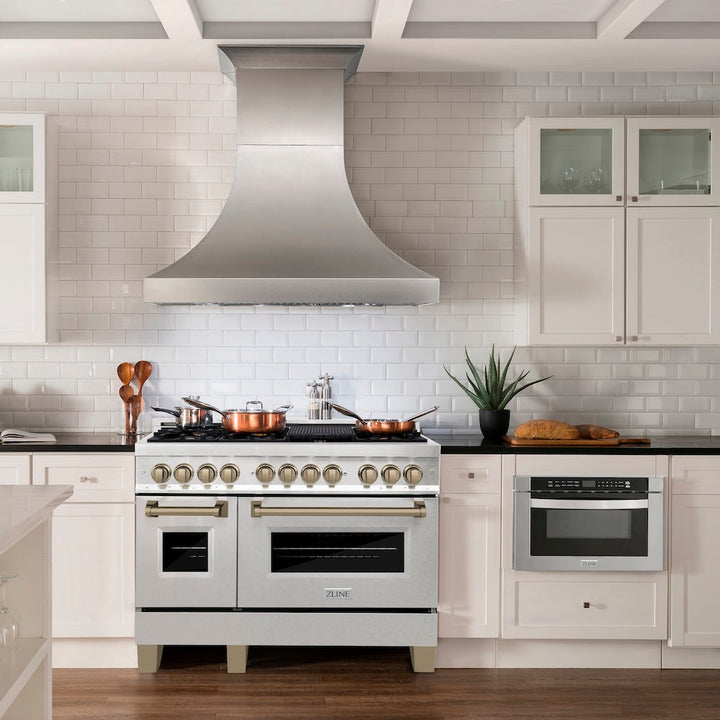 ZLINE Autograph Edition 48 in. 6.0 cu. ft. Legacy Dual Fuel Range with 7 Burner Gas Cooktop and 2 Electric Ovens in Satin Stainless Steel and Champagne Bronze Accents (RASZ-SN-48-CB)