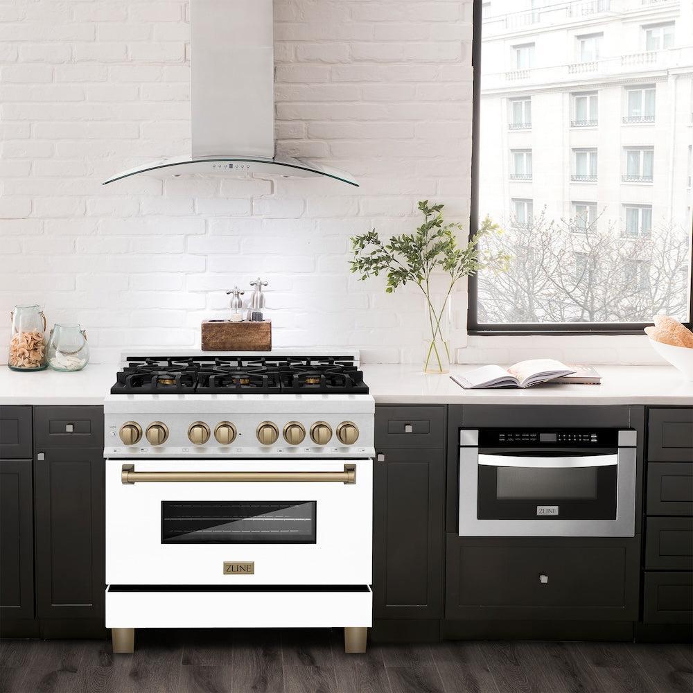 ZLINE Autograph Edition 36 in. 4.6 cu. ft. Legacy Dual Fuel Range with 6 Burner Gas Cooktop and Electric Convection Oven in Satin Stainless Steel with White Matte Door and Champagne Bronze Accents (RASZ-WM-36-CB)