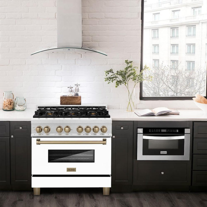 ZLINE Autograph Edition 36 in. 4.6 cu. ft. Legacy Dual Fuel Range with 6 Burner Gas Cooktop and Electric Convection Oven in Satin Stainless Steel with White Matte Door and Champagne Bronze Accents (RASZ-WM-36-CB)