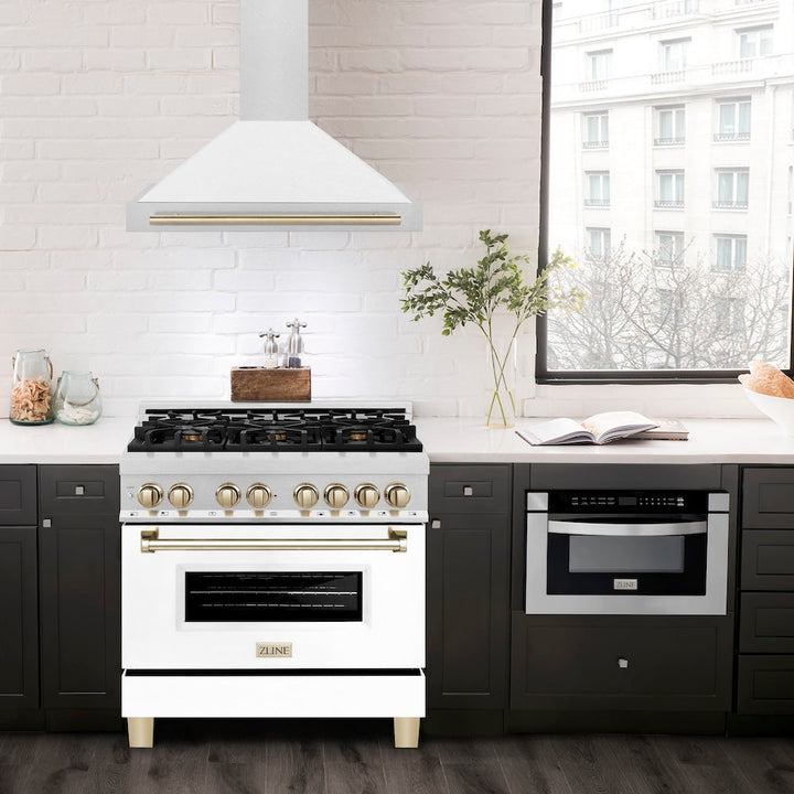 ZLINE 36 in. Autograph Edition Convertible Fingerprint Resistant Satin Stainless Steel Range Hood with White Matte Shell and Polished Gold Handle (KB4SNZ-WM36-G)