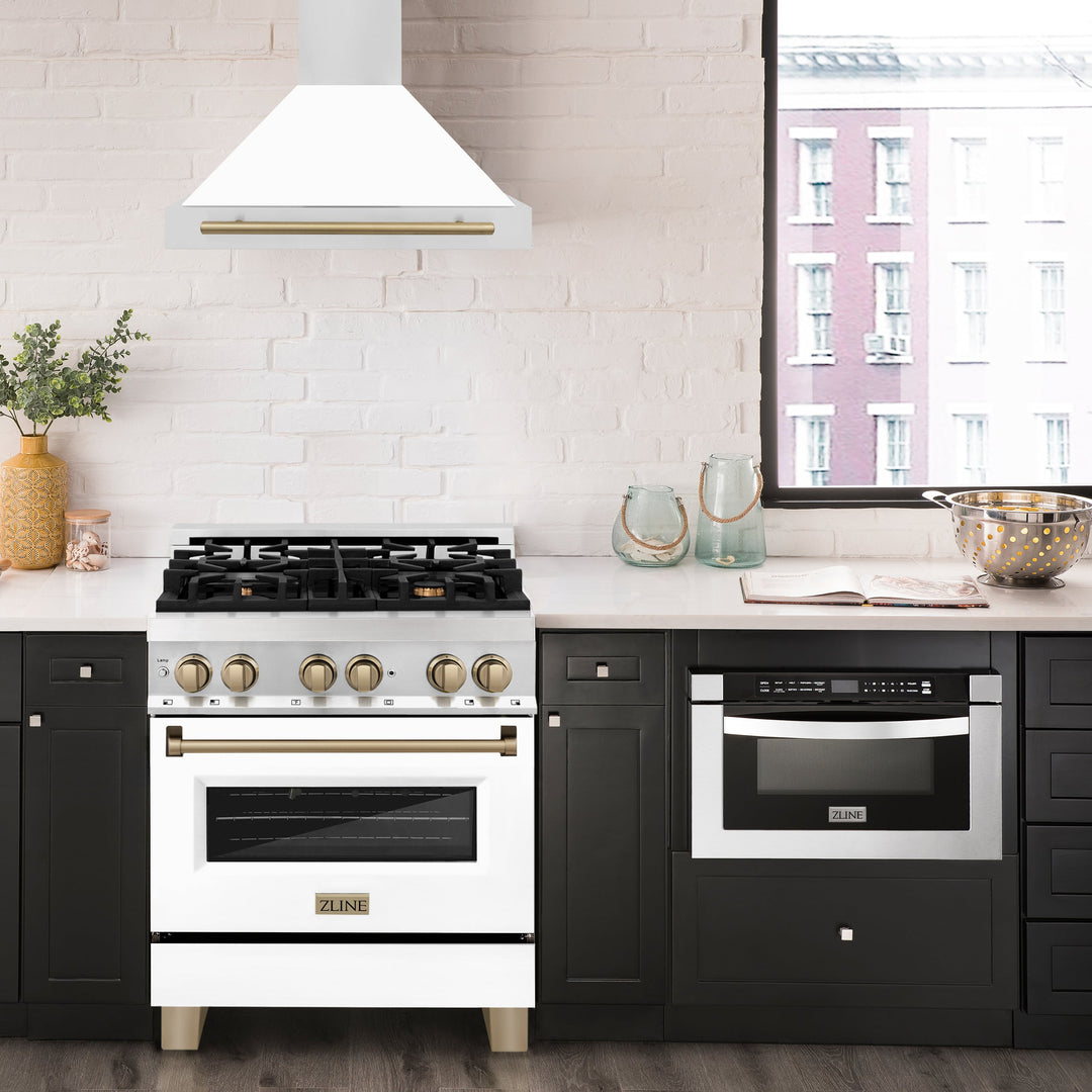 ZLINE 30" Autograph Edition Convertible Stainless Steel Range Hood with White Matte Shell and Champagne Bronze Accents