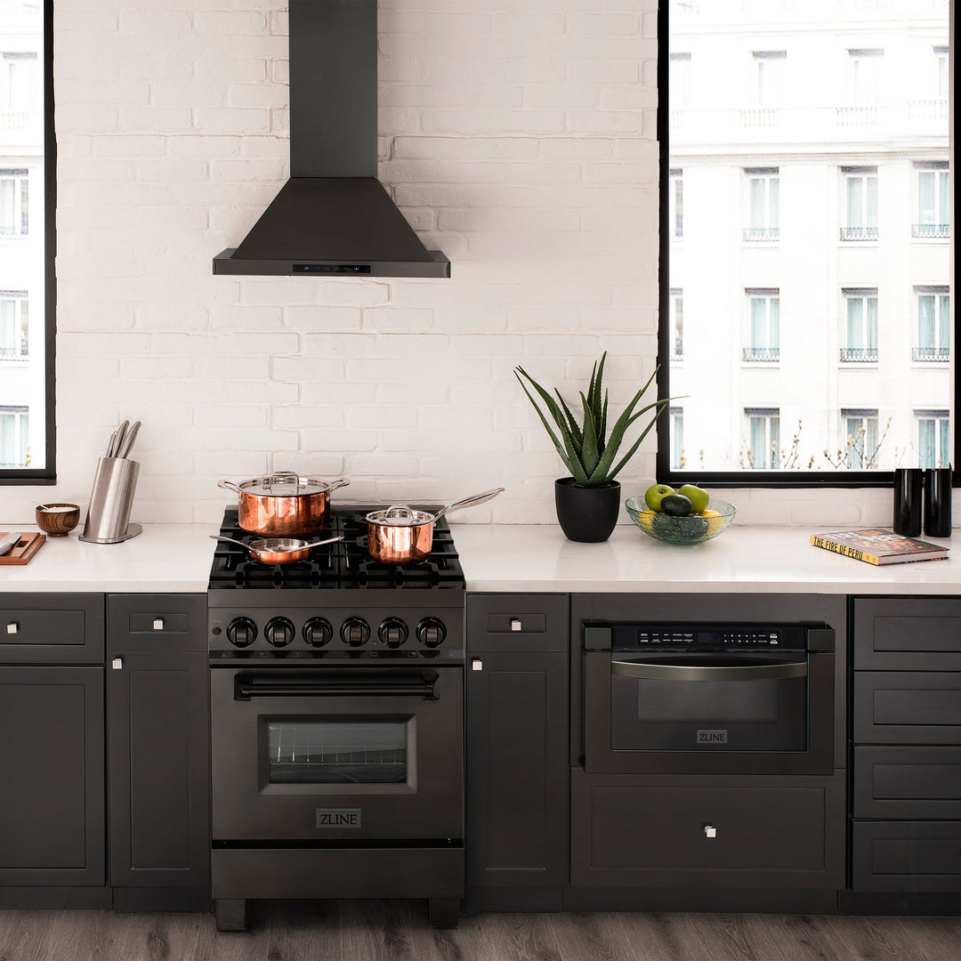 ZLINE 24 in. 2.8 cu. ft. Legacy Dual Fuel Range with Gas Cooktop and Electric Convection Oven in Black Stainless Steel with 4 Brass Burners, Open Box-Excellent Condition