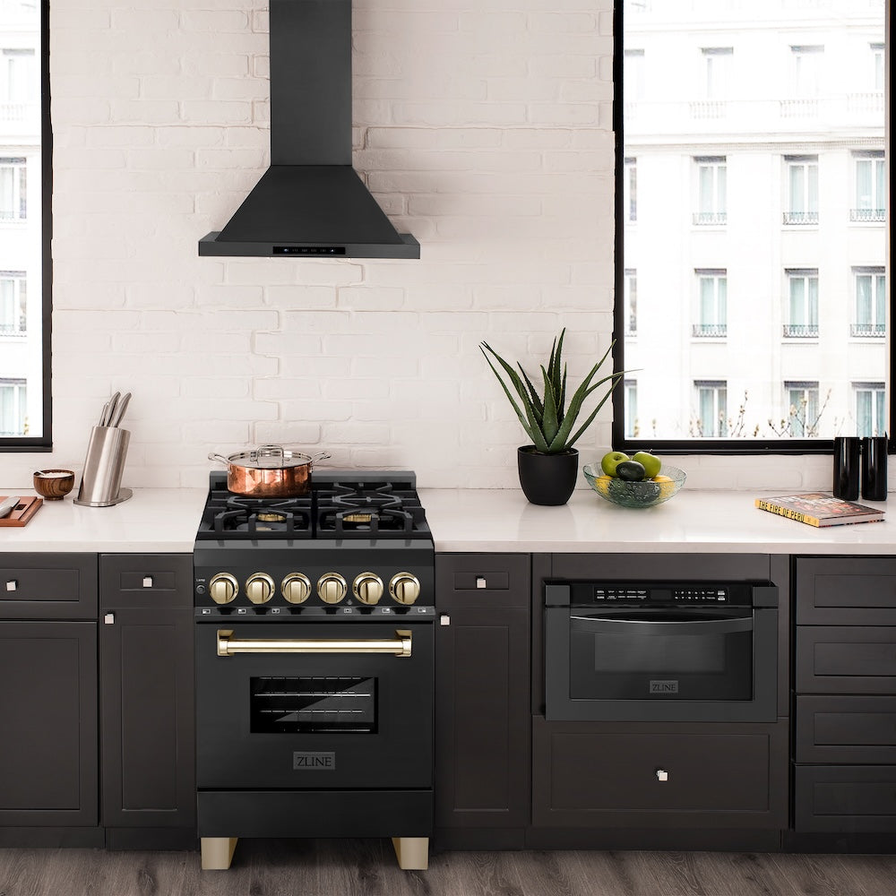 ZLINE Autograph Edition 24 in. 2.8 cu. ft. Legacy Dual Fuel Range with 4 Burner Gas Cooktop and Electric Convection Oven in Black Stainless Steel and Polished Gold Accents, Open Box-Excellent Condition