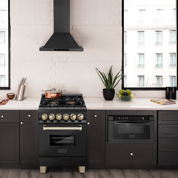 ZLINE Autograph Edition 24 in. 2.8 cu. ft. Legacy Dual Fuel Range with 4 Burner Gas Cooktop and Electric Convection Oven in Black Stainless Steel and Polished Gold Accents, Open Box-Excellent Condition