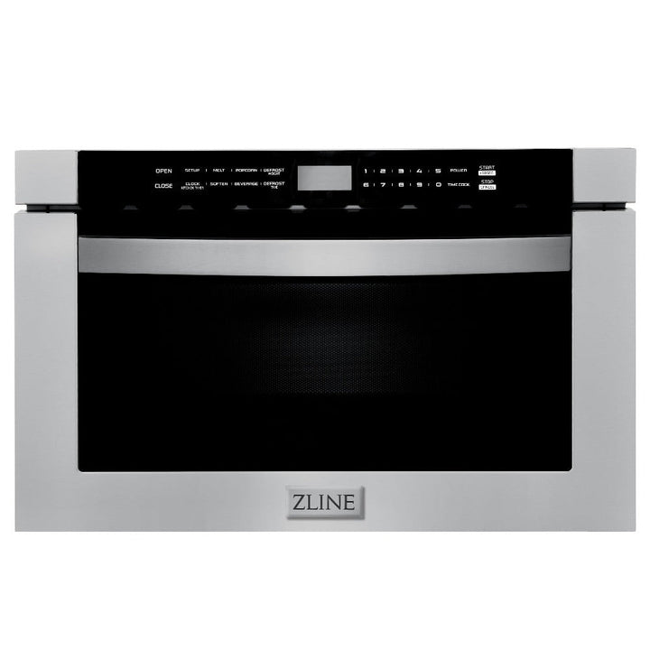 ZLINE Kitchen Package with Refrigerator, 36 in. Stainless Steel Dual Fuel Range, 36 in. Convertible Vent Range Hood, 24 in. Microwave Drawer, and 24 in. Tall Tub Dishwasher (5KPR-RARH36-MWDWV)