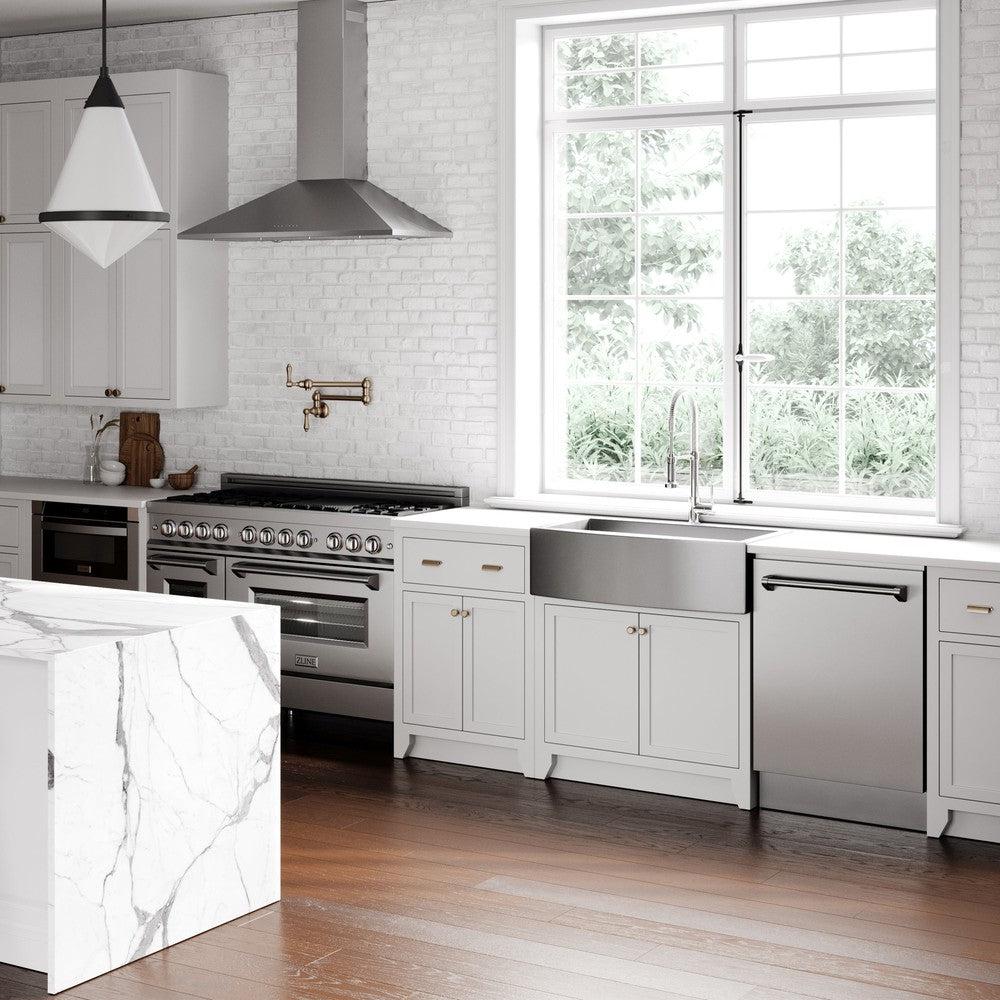 ZLINE Kitchen Package with Refrigerator, 36 in. Stainless Steel Dual Fuel Range, 36 in. Convertible Vent Range Hood, 24 in. Microwave Drawer, and 24 in. Tall Tub Dishwasher (5KPR-RARH36-MWDWV)