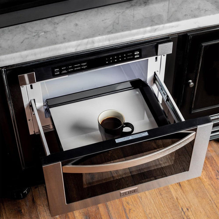 ZLINE Kitchen Package with Refrigerator, 48 in. Stainless Steel Dual Fuel Range, 48 in. Convertible Vent Range Hood, 24 in. Microwave Drawer, and 24 in. Tall Tub Dishwasher (5KPR-RARH48-MWDWV)