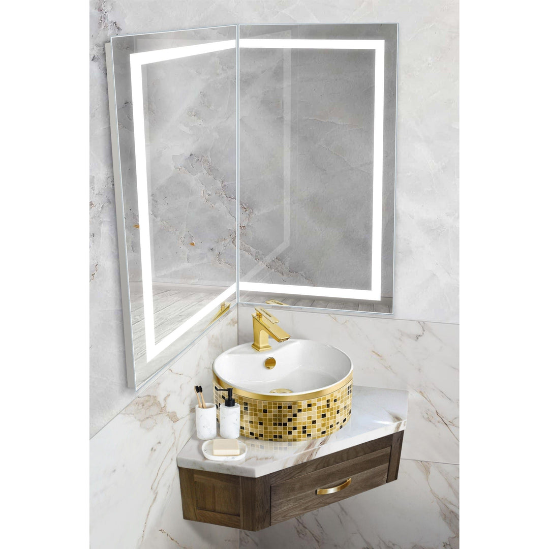 Krugg Modular 21 x 36 Corner LED Mirror - Left or Right installed in a modern bathroom with corner sink featuring a golden faucet.