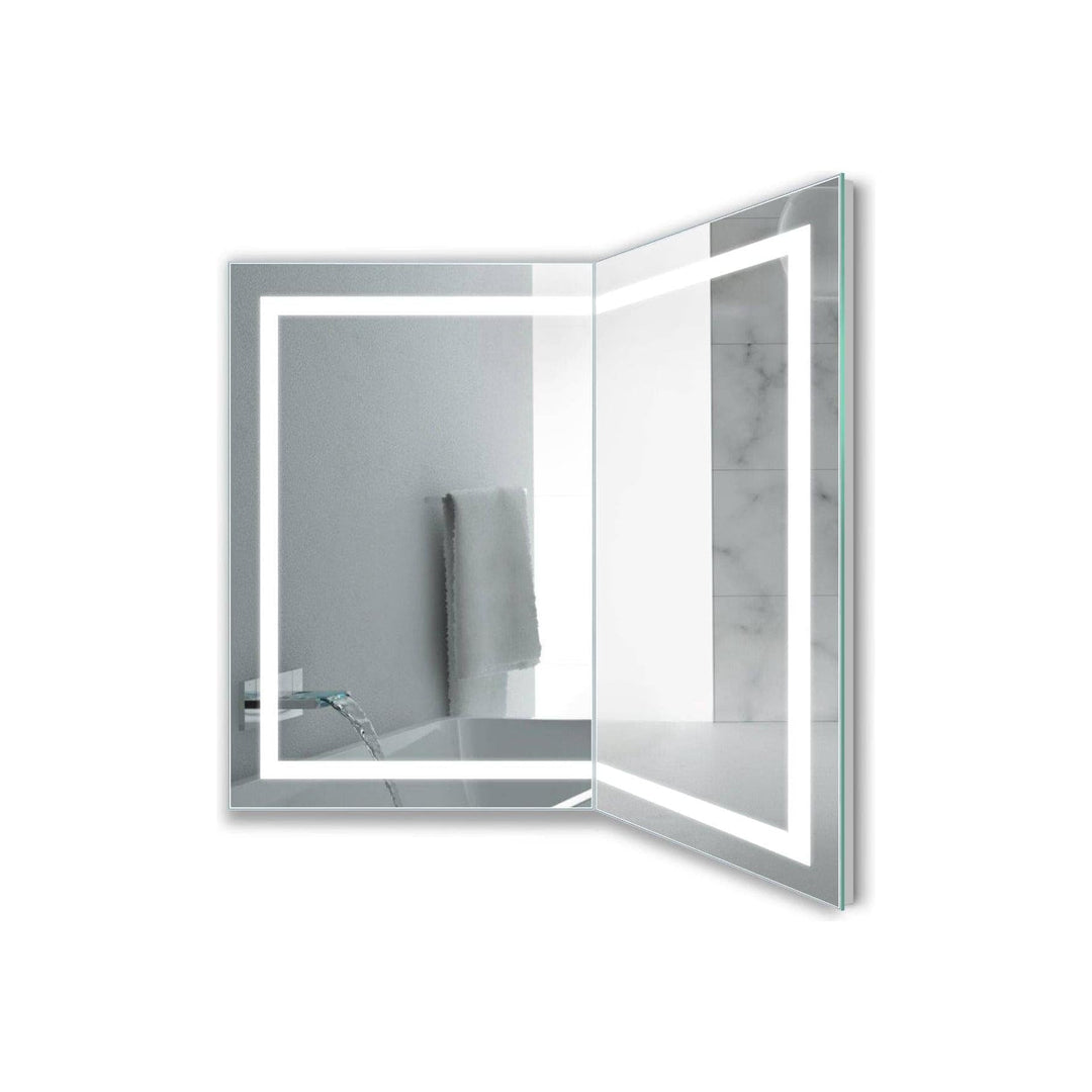 Krugg Modular 24 x 36 Corner LED Mirror - Left or Right installed in a modern bathroom setting.