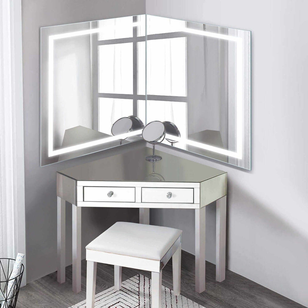 Krugg Mod 36 x 36 Left/Right Corner Lighted Vanity Mirror with LED lighting, ideal for personalized corner bathroom configurations and precise grooming.